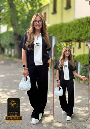 ست تیشرت شلوار آستین کوتاه نیم زیپ فوق بیگ سایز miu miu